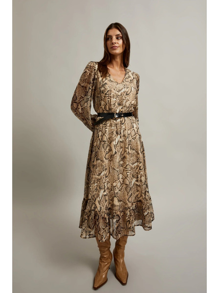 Moodo Beige Kleid mit Ballonärmeln und Tiermuster Moodo