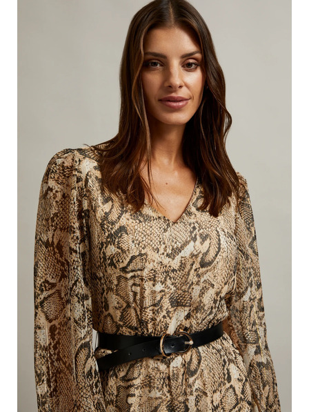 Moodo Beige Kleid mit Ballonärmeln und Tiermuster Moodo