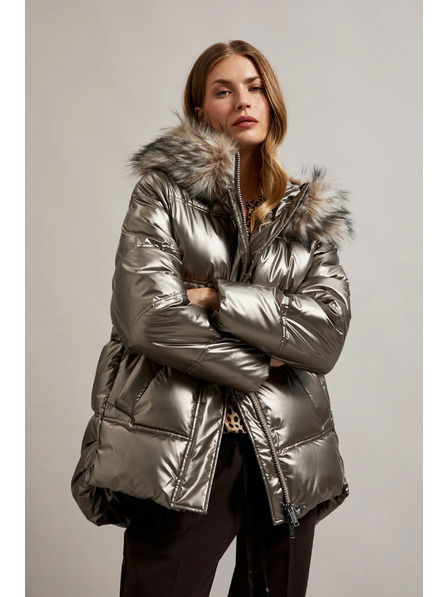 Moodo Metallic-Jacke mit Pelzkapuze beige Moodo