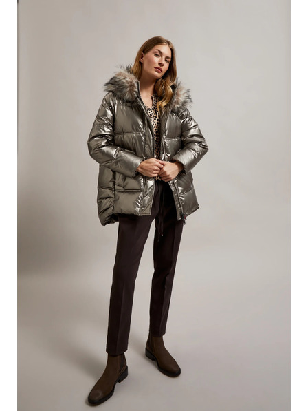 Moodo Metallic-Jacke mit Pelzkapuze beige Moodo