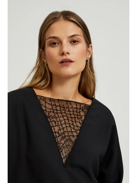 Moodo Schwarze Bluse mit handaufgenähten Perlen am Ausschnitt von Moodo