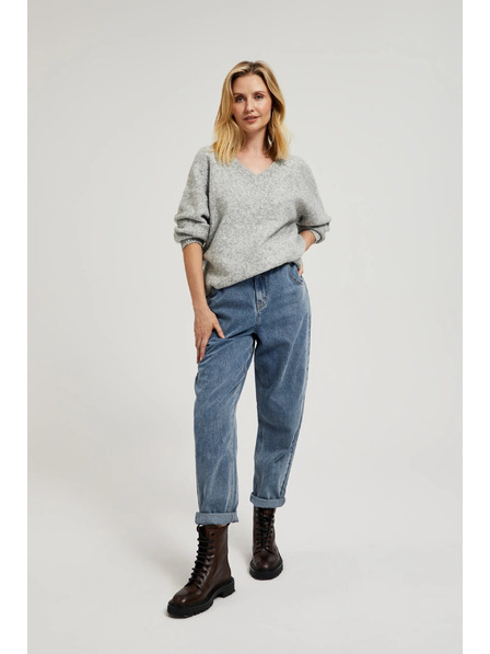 Moodo Glatter Pullover mit V-Ausschnitt und Rippstrick in Grau von Moodo