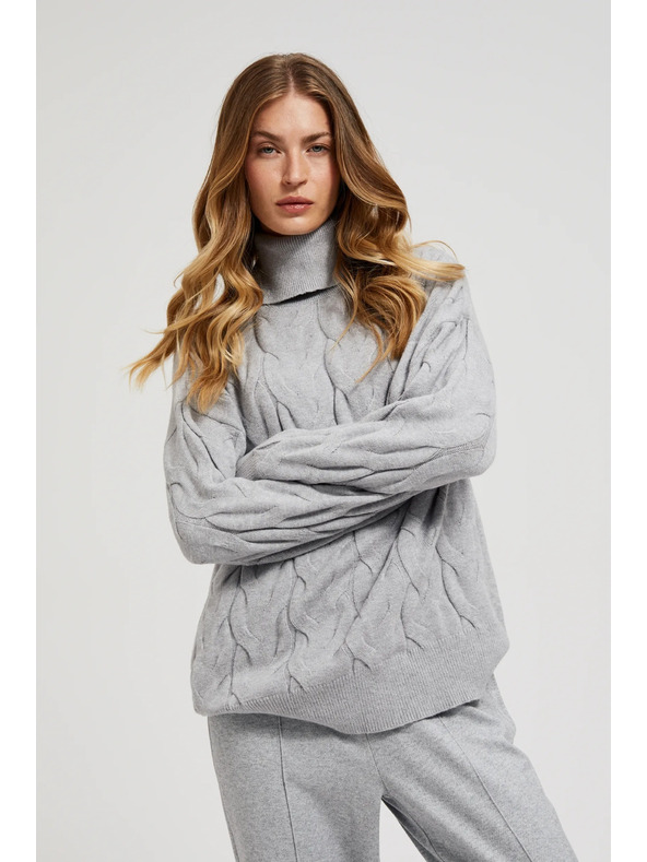 Moodo Rollkragenpullover mit dekorativem Zopfmuster grau Moodo