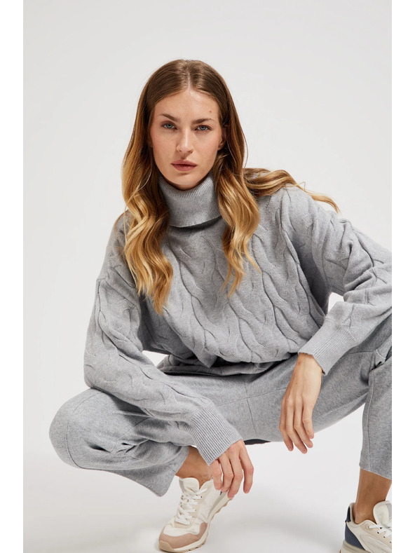 Moodo Rollkragenpullover mit dekorativem Zopfmuster grau Moodo