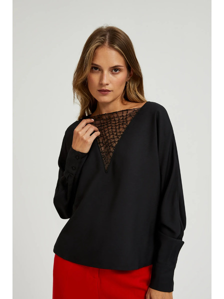 Moodo Schwarze Bluse mit handaufgenähten Perlen am Ausschnitt von Moodo