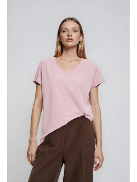Moodo Baumwoll-T-Shirt mit V-Ausschnitt hellrosa Moodo