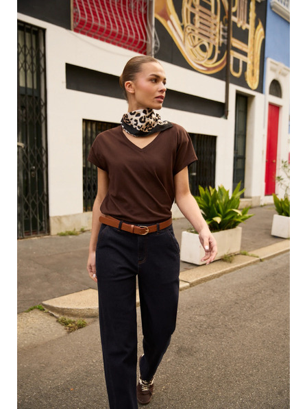 Moodo Baumwoll-T-Shirt mit V-Ausschnitt braun Moodo