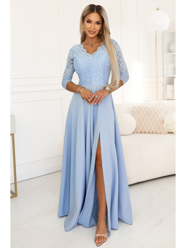 numoco AMBER Elegantes langes Spitzenkleid mit Ausschnitt - hellblau