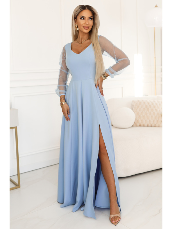 numoco LORETTA Einzigartiges langes Kleid mit Tüllärmel und Ausschnitt - hellblau