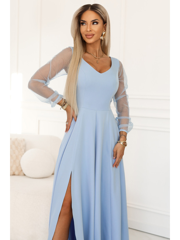 numoco LORETTA Einzigartiges langes Kleid mit Tüllärmel und Ausschnitt - hellblau