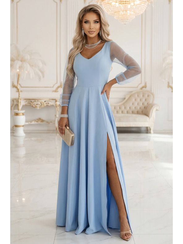 numoco LORETTA Einzigartiges langes Kleid mit Tüllärmel und Ausschnitt - hellblau