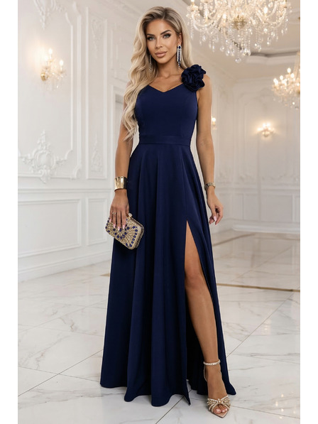numoco Elegante abendliche Maxikleider mit Schlitz und Rosen - Marineblau