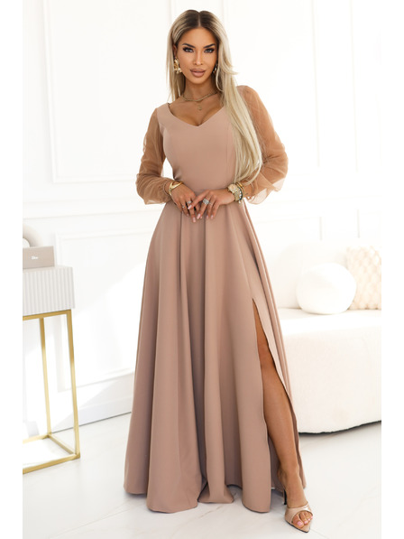 numoco LORETTA Einzigartige lange Kleider mit Tüllärmel und Ausschnitt - Beige