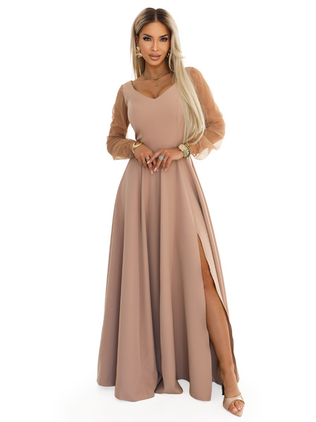 numoco LORETTA Einzigartige lange Kleider mit Tüllärmel und Ausschnitt - Beige