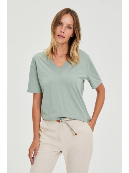 Moodo Baumwollbluse mit V-Ausschnitt olivgrün Moodo