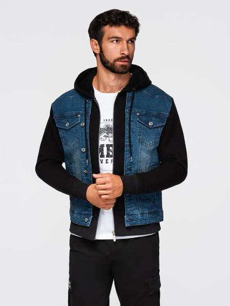 Ombre Clothing Herren-Jeansjacke mit Strickärmeln und Kapuze - blau und schwarz V2 OM-JADJ-0220 Ombre Clothing