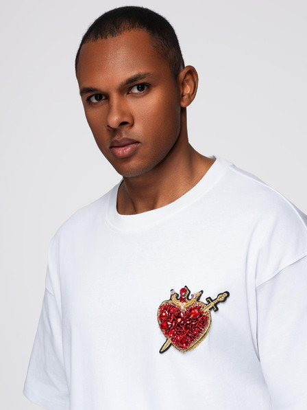 Ombre Clothing Herren-Baumwoll-T-Shirt mit Schmuck-Applikation auf der Brust - cremeweiß V2 OM-TSCT-0290 Ombre Clothing