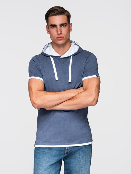 Ombre Clothing Herren-Baumwoll-T-Shirt mit Kapuze - dunkelblau meliert V12 OM-TSCT-0256 Ombre Clothing