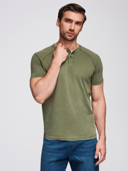Ombre Clothing Herren-T-Shirt mit Wascheffekt und Knöpfen am Halsausschnitt - olivgrün V4 OM-TSWT-0150 Ombre Clothing