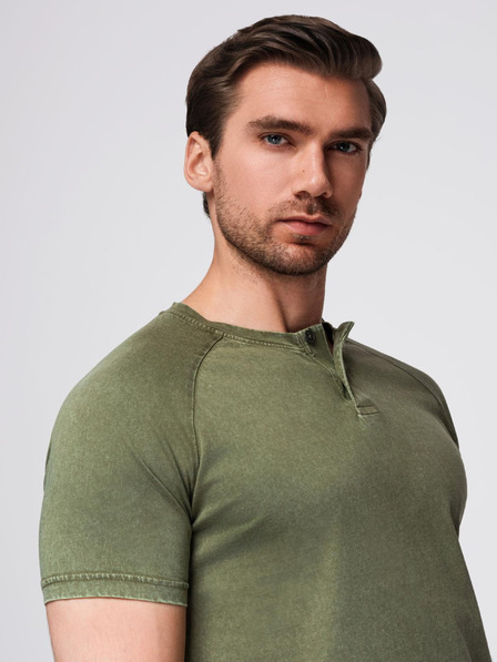 Ombre Clothing Herren-T-Shirt mit Wascheffekt und Knöpfen am Halsausschnitt - olivgrün V4 OM-TSWT-0150 Ombre Clothing