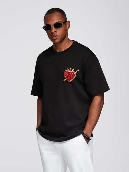 Ombre Clothing Herren-Baumwoll-T-Shirt mit Schmuckanwendung auf der Brust - schwarz V1 OM-TSCT-0290 Ombre Clothing