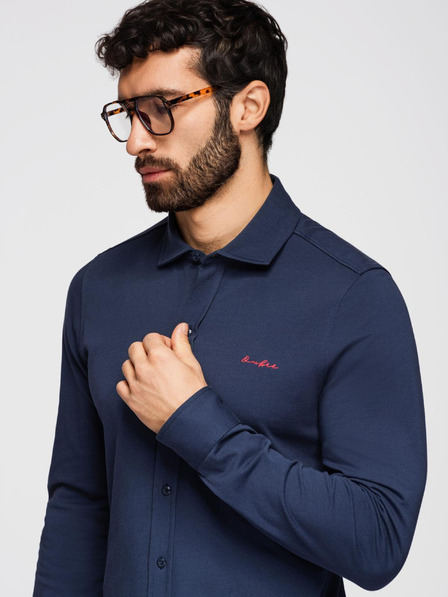 Ombre Clothing Herren Baumwollhemd REGULAR mit kontrastierendem Stickerei - Dunkelblau V2 K697 Ombre Clothing