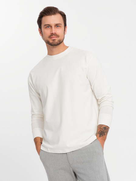 Ombre Clothing Herren LOOSE FIT Langarm T-Shirt mit Rundhalsausschnitt aus Baumwolle - Creme V2 OM-LSBC-0129 Ombre Clothing
