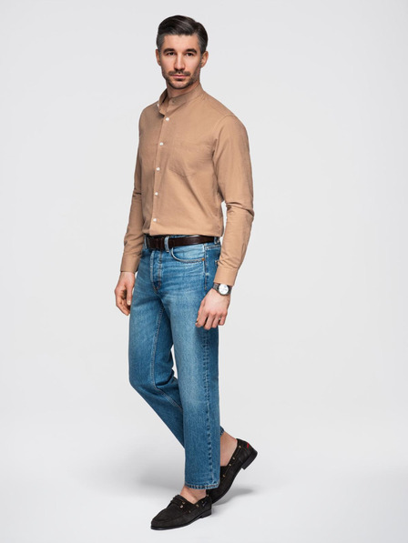 Ombre Clothing Herren-Leinwandhemd mit Stehkragen und Tasche REGULAR FIT - hellbraun