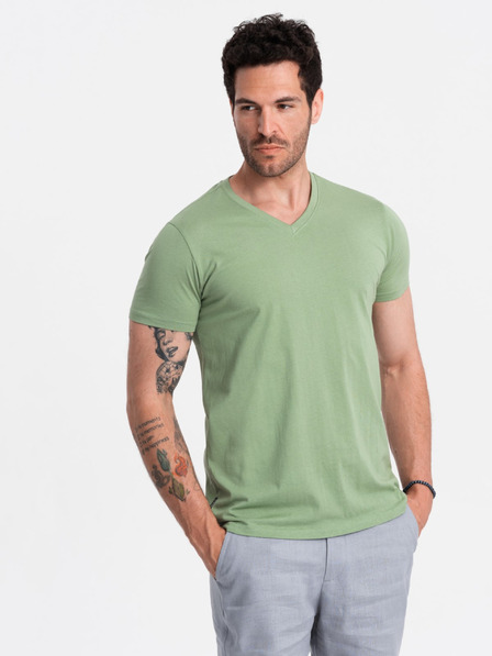 Ombre Clothing Klassisches Herren-T-Shirt BASIC mit V-Ausschnitt aus Baumwolle - grün V11 OM-TSBS-0145 Ombre Clothing