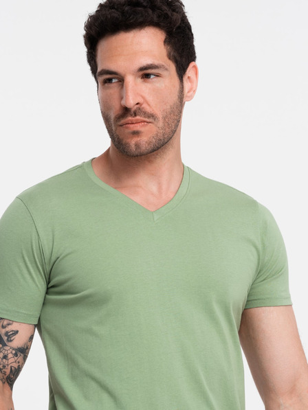 Ombre Clothing Klassisches Herren-T-Shirt BASIC mit V-Ausschnitt aus Baumwolle - grün V11 OM-TSBS-0145 Ombre Clothing