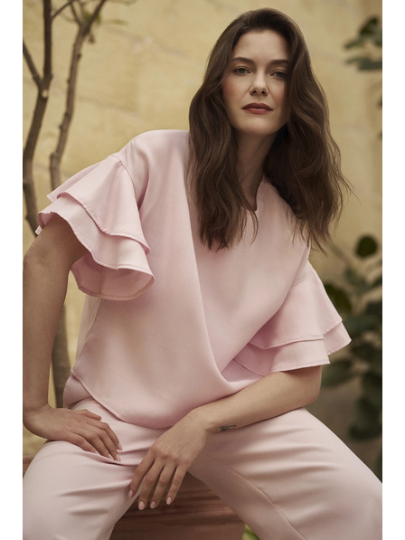 Moodo Rosa Bluse mit Volants an den Ärmeln Moodo