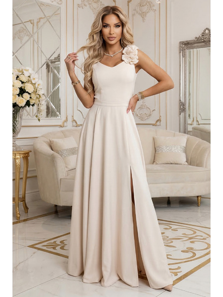 numoco Elegantes Abend-Maxikleid mit Schlitz und Rosen - beige