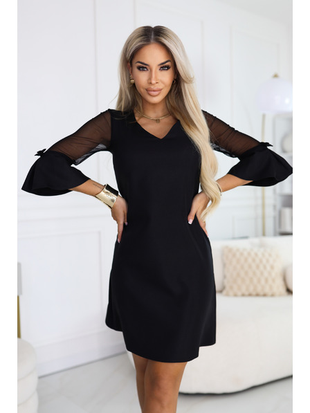 numoco Trapezförmiges glitzerndes Kleid mit Tüllärmel und V-Ausschnitt - schwarz