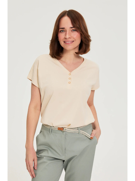 Moodo Baumwollbluse mit V-Ausschnitt beige Moodo
