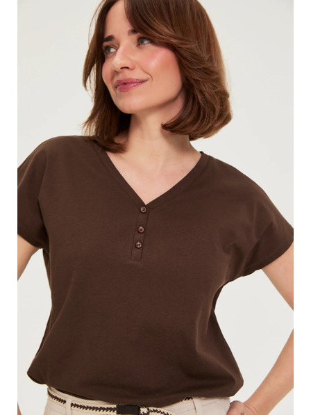 Moodo Baumwoll-T-Shirt mit V-Ausschnitt braun Moodo