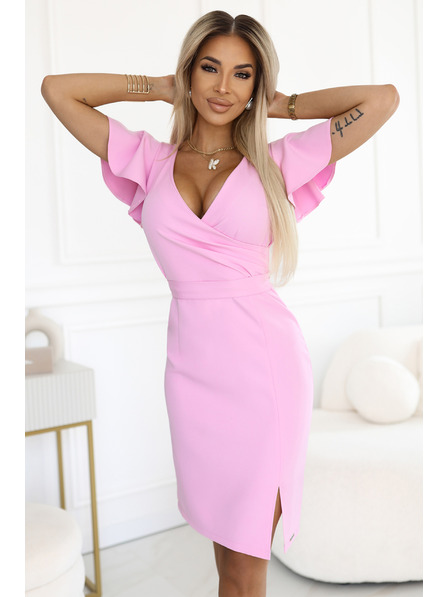 numoco 479-10 NINA Elegantes Kleid mit V-Ausschnitt, Ärmeln und Gürtel - zuckrosa