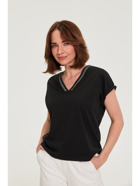 Moodo Baumwoll-T-Shirt mit V-Ausschnitt Schwarz Moodo