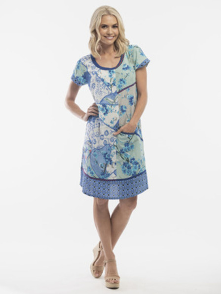 Orientique Orientique blaues geblümtes Damenkleid mit Leinen