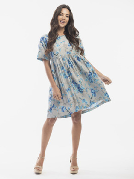 Orientique Blau-grau geblümtes Damenkleid mit Leinenanteil