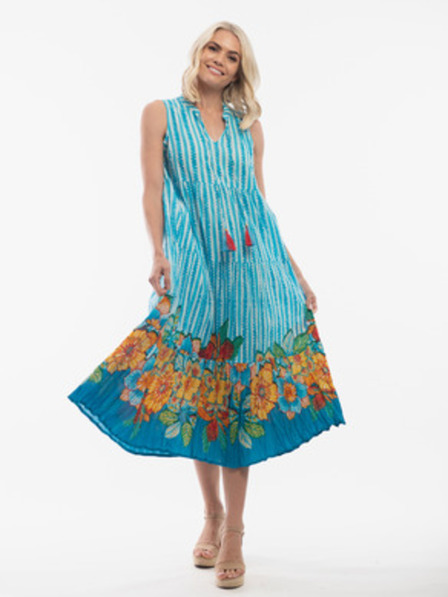 Orientique Weiß-hellblau gemustertes Damenkleid beidseitig