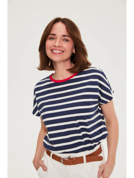 Moodo Gestreiftes Baumwoll-T-Shirt dunkelblau Moodo