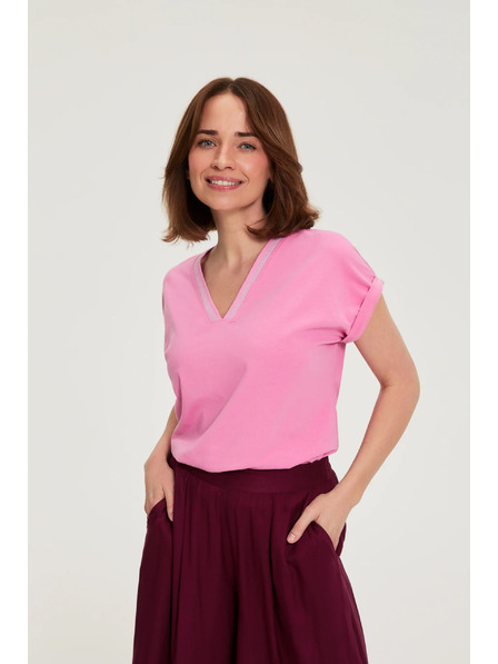 Moodo Baumwoll-T-Shirt mit V-Ausschnitt rosa Moodo