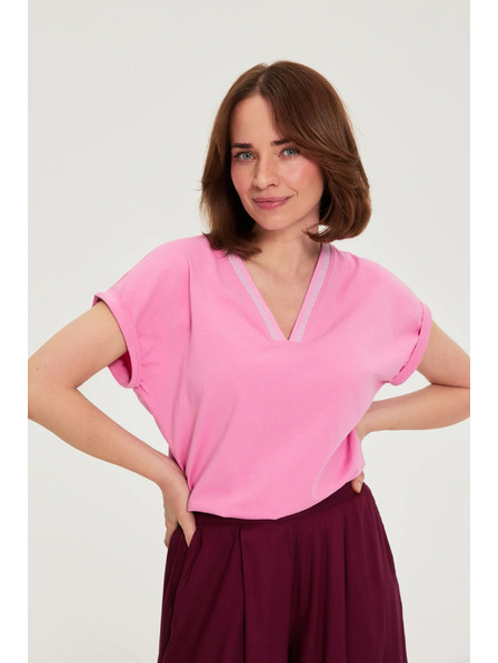 Moodo Baumwoll-T-Shirt mit V-Ausschnitt rosa Moodo