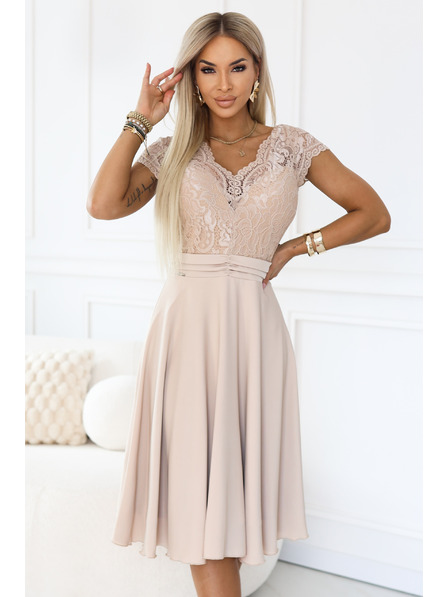 numoco LINDA Chiffon luftiges Kleid mit Spitzenkragen - Beige