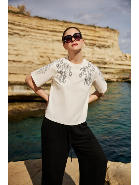 Moodo Baumwollbluse mit Print weiß Moodo