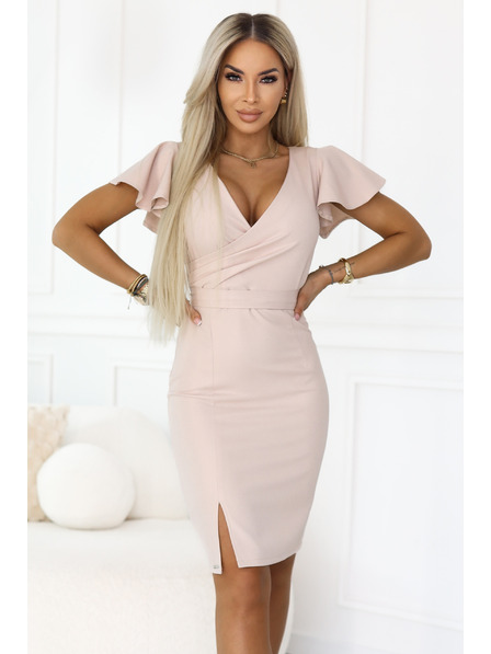 numoco NINA Elegante Kleid mit Wickelausschnitt, Ärmel und Gürtel - beige mit Glitzer