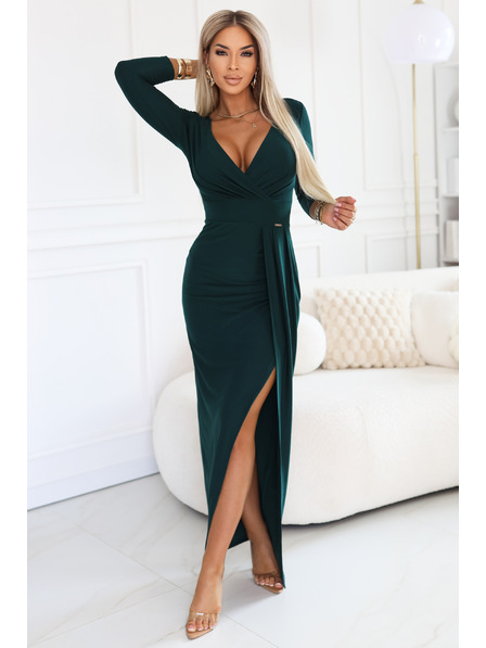 numoco Elegante lange Kleid mit Wickelausschnitt und Schlitz - Flaschengrün