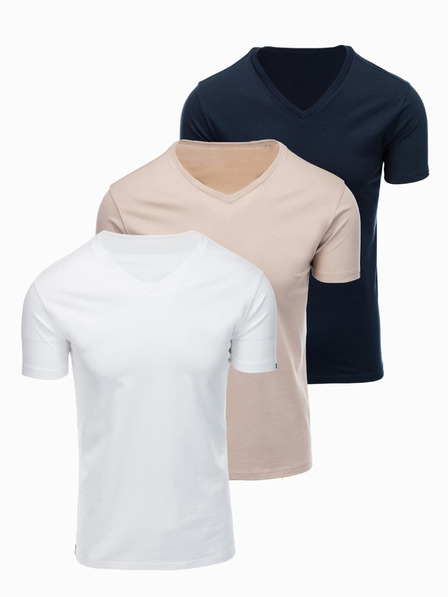 Ombre Clothing Herren Baumwoll-T-Shirts BASIC mit V-Ausschnitt - Weiß/Sand/Navy V12 OM-TSBS-0281 Ombre Clothing