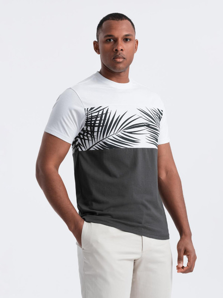 Ombre Clothing Herren zweifarbiges T-Shirt mit Palmblatt-Druck - Graphit V2 OM-TSPT-0177 Ombre Clothing