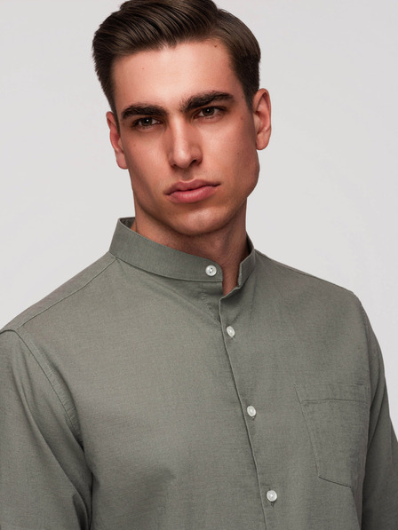 Ombre Clothing Herren-Leinenhemd mit Stehkragen und Tasche REGULAR FIT - khaki V6 K704 Ombre Clothing
